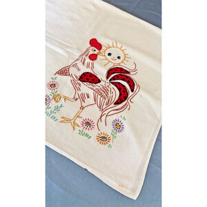 Vintage 1940s-50 SUNSHINE ROOSTER Hand-Embriodered Appliqué Tablecloth 36"x 34"